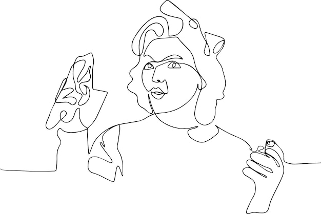 Continuous one line drawing of pinup cleaner or housekeeper in uniform hold soup bottle and duster