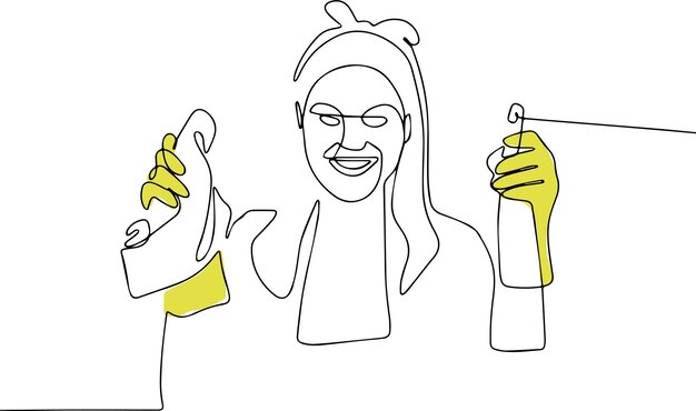 Vector continuous one line drawing of pinup cleaner or housekeeper in uniform hold soup bottle and duster