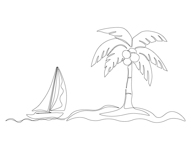 Vector continuous one line drawing of sailboat on the edge of palm tree one line drawing illustration of sailboat with palm tree beautiful scenery concept line art editable outline