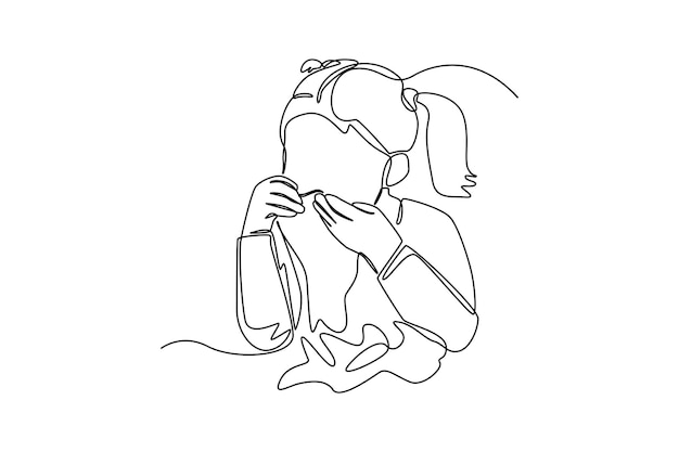 Continuous one line drawing Sick little girl use tissue to sneeze Healthcare concept Single line draw design vector graphic illustration