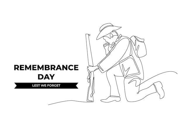 Continuous one line drawing a soldier kneeling with a gun beside the remembrance day to show respect Remembrance day concept Single line draw design vector graphic illustration