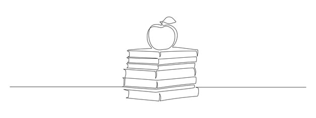 Vector continuous one line drawing of stack of books with apple