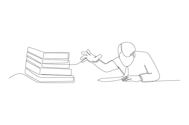 Continuous one line drawing Stress young businessman looking at stack of books on the desk Late concept Single line draw design vector graphic illustration