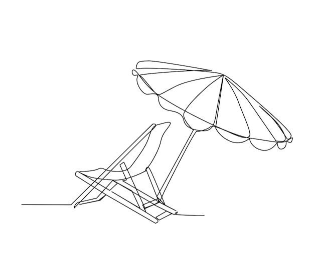 Continuous one line drawing of sunbed Beach umbrella and chair for summer holiday line art vector illustration