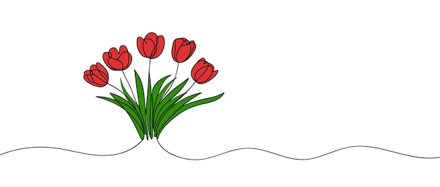 Continuous one line drawing tulips Spring flowers concept Single line draw design vector illustration