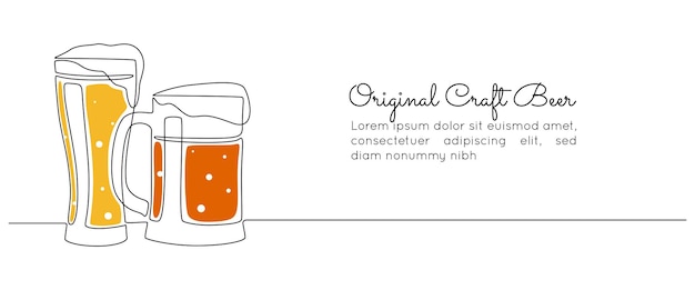 Continuous one line drawing of two beer glasses with foam Craft drink alcohol ale in simple linear style for bar and pub concept for menu Oktoberfest equipment Doodle Vector illustration