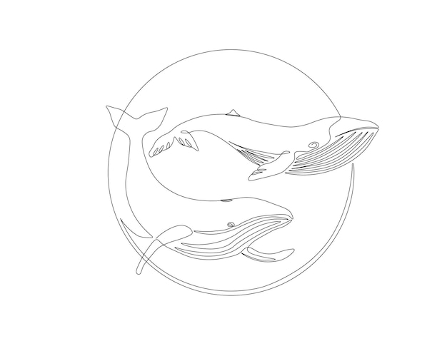 Vector continuous one line drawing of two blue whale swimming together one line drawing illustration of blue whale swimming marine mammals concept line art editable outline