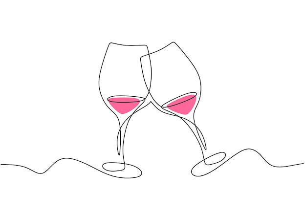 Continuous one line drawing two glass of red wine for cheers Party celebration with alcohol Minimalism design with simplicity hand drawn isolated on white background Vector champagne illustration