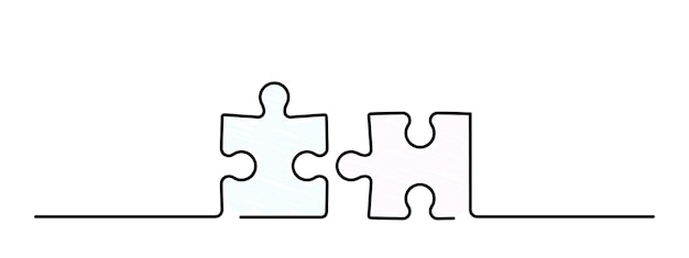 Continuous one line drawing of two pieces of jigsaw on white background puzzle game symbol and sign business metaphor of problem solving solution and strategy vector illustration