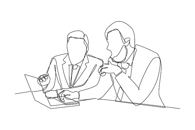 Continuous one line drawing two smart businessmen discussing project in office Business consulting concept Single line draw design vector graphic illustration