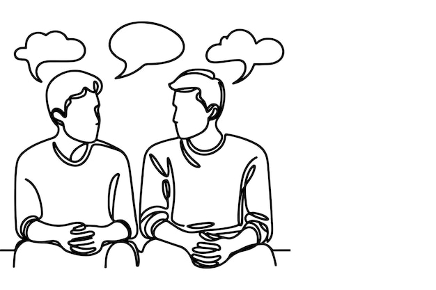 Continuous one line drawing two young people are talking with speech bubbles outline doodle vector