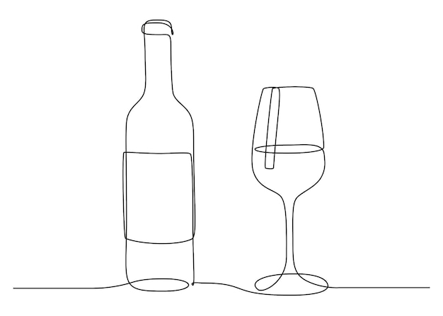 Continuous one line drawing of Wine glass and bottle. Drink in cup in linear style. Editable stroke. Black and white vector illustration for restaurant and bar menu