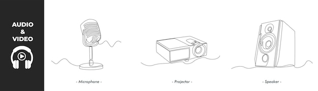 Continuous one line drawing winter audio and video concept set Microphone Projector and Speaker icon Single line draw design vector graphic illustration