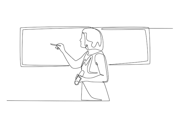 Continuous one line drawing Woman coach showing project management studies on the whiteboard Communication and Project management concept Single line draw design vector graphic illustration