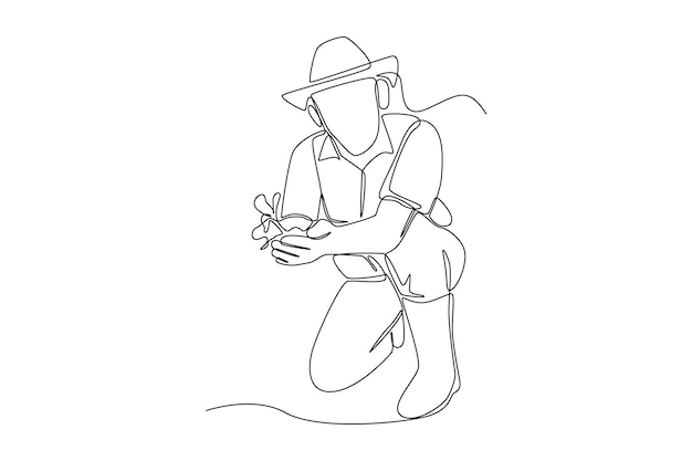 Continuous one line drawing woman farmer holding seeds to plant Agriculture concept Single line draw design vector graphic illustration