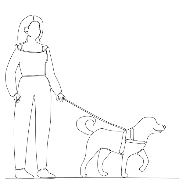 Continuous one line drawing of woman holding dog leash while walking. Vector illustration