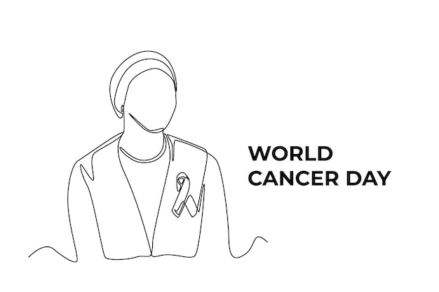 Continuous one line drawing woman struggle with ribbon as cancer symbol World cancer day concept Single line draw design vector graphic illustration