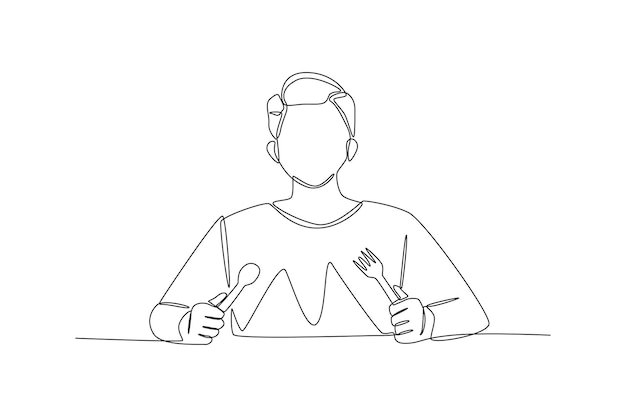 Continuous one line drawing Young boy waiting for eating Holding a spoon and fork in the hand Eating activity concept Single line draw design vector graphic illustration