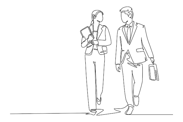 Vector continuous one line drawing of young couple male and female managers discussing new strategy plan to company growth urban commuter workers concept single line draw design vector graphic illustration