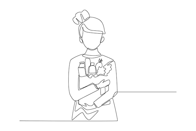 Continuous one line drawing young girl hold paper bag with vegetables after shopping Eco packaging concept Single line draw design vector graphic illustration