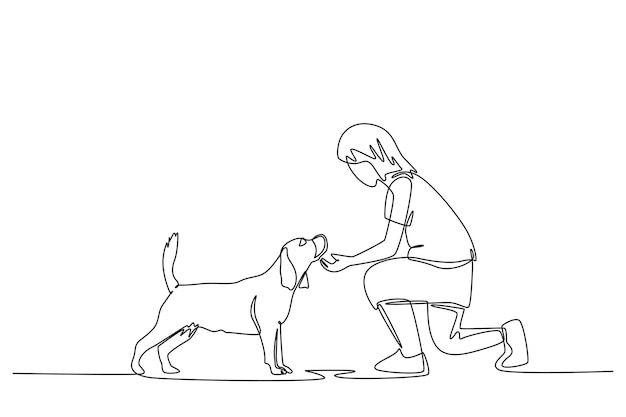 Continuous one line drawing young happy girl handshaking her cute dog Friendship about human and pet animal concept Little kid playing with dog Single line draw design vector graphic illustration