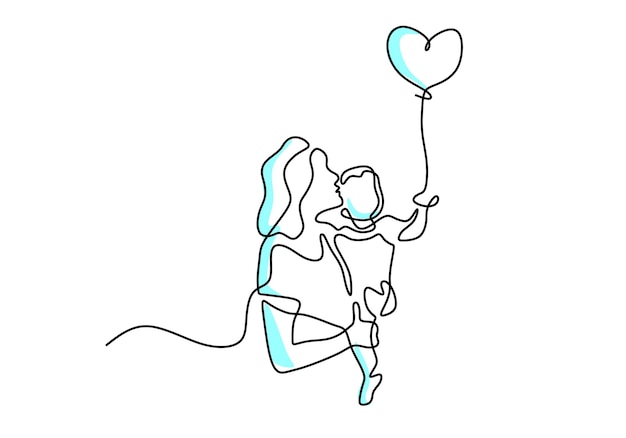 Continuous one line drawing of young mother hold her baby with air balloons shaped as heart Happy Mother day card Family parenthood concept Character mom with a kid Vector illustration