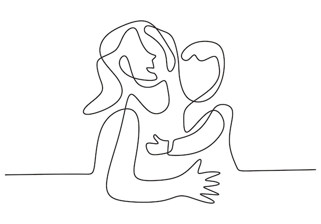 Continuous one line drawing of young mother hold her lovely baby Happy Mother day card Character mom with a kid isolated on white background Family parenthood concept Vector illustration