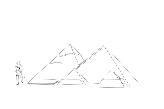 Continuous one line drawing young tourist travel to pyramid in Egypt Landmark concept Single line draw design vector graphic illustration