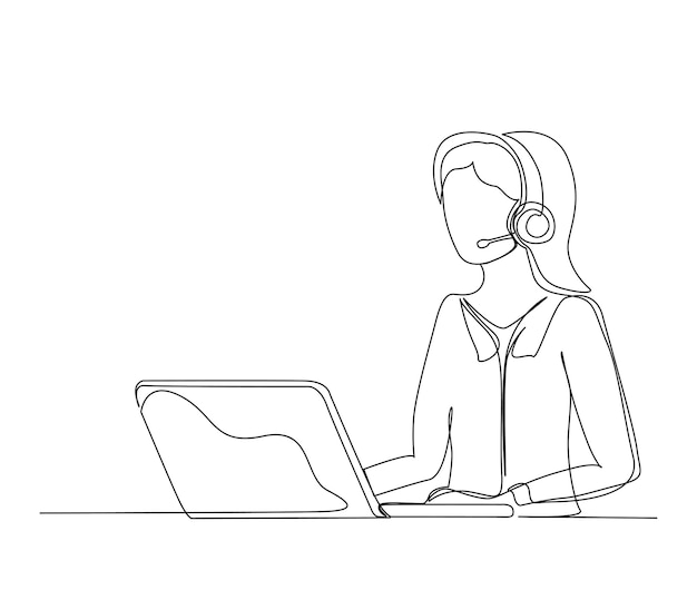 Continuous one line drawing of young woman sitting in front of a computer with a headset simple woman as customer serive outline vector illustration