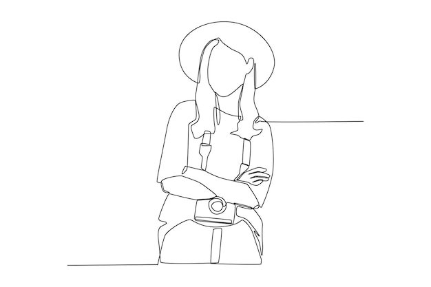 Continuous one line drawing young woman with hat standing with photo camera World tourism day concept Single line draw design vector graphic illustration