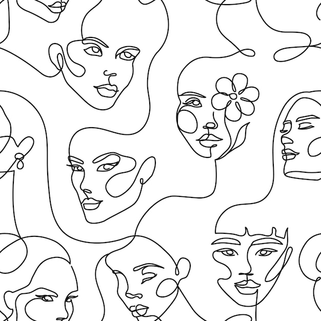 Continuous one line faces pattern Linear female beauty models abstract contour lines female portraits and minimalist style women vector seamless background