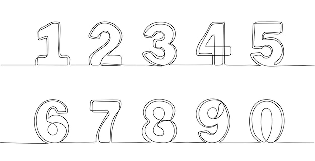 Continuous one line numbers Hand drawn counting symbols outline scribble number or sketch digit vector set