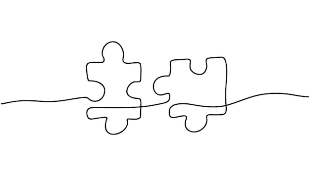 Continuous one line puzzle two pieces of jigsaw vector teamwork concept