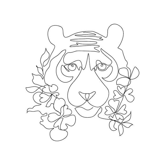 Continuous one single line drawing of wild tiger head with tropical leaves and flowers Trendy logo