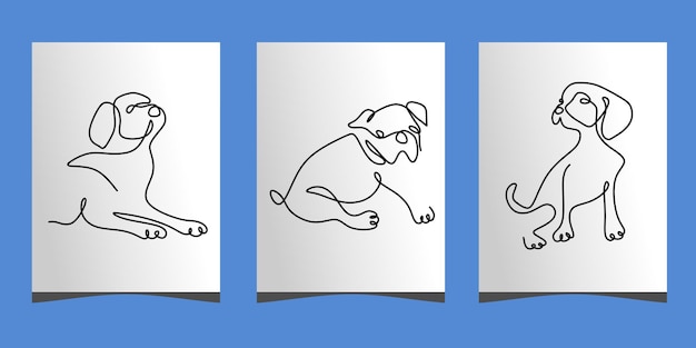 Continuous one single line of three cute dog poster isolated on blue background