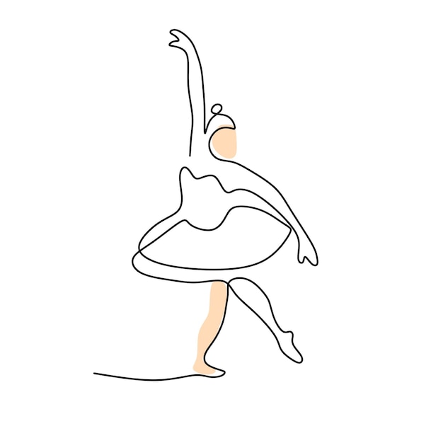 Continuous one single line of woman ballerina dancing isolated on white background