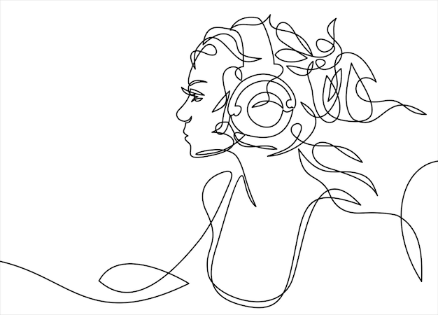 continuous single drawn one line girl woman listens to music with headphones