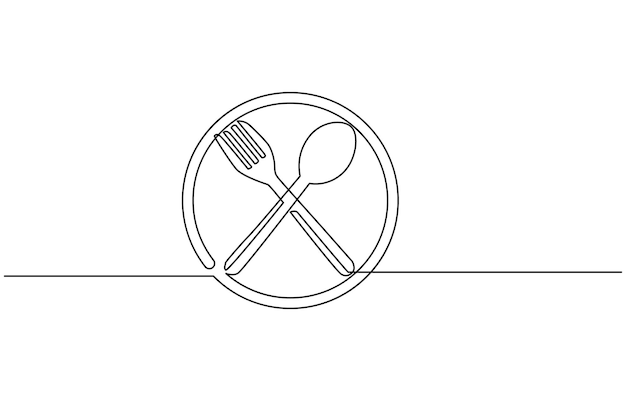 continuous single line drawing of dinner concept plate with fork knife and spoon line art vector