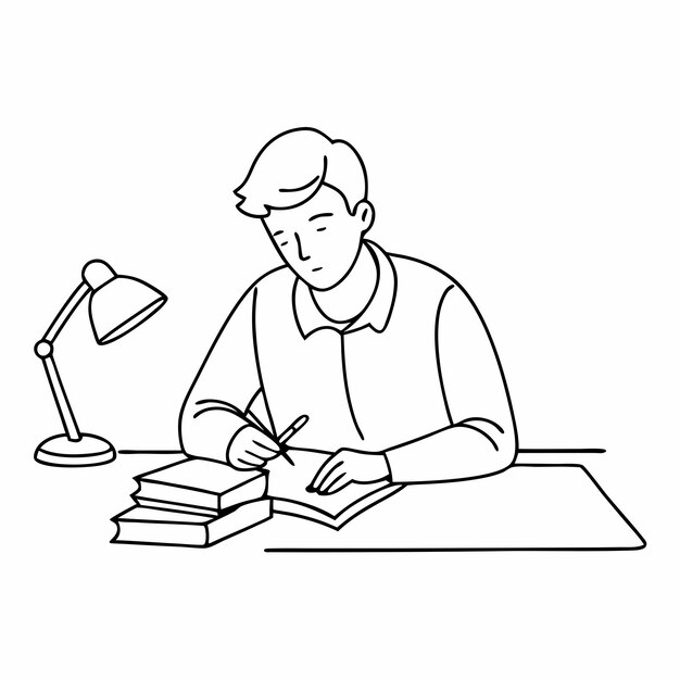 Vector continuous single line drawing of a student doing homework in a line art vector illustration 13