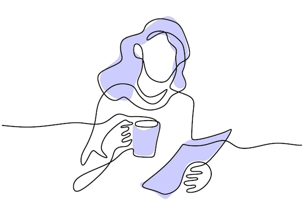 Continuous single line drawing of young businesswoman sitting on the sofa while reading book and holding a cup of coffee drink Drinking tea concept isolated on white background Vector illustration