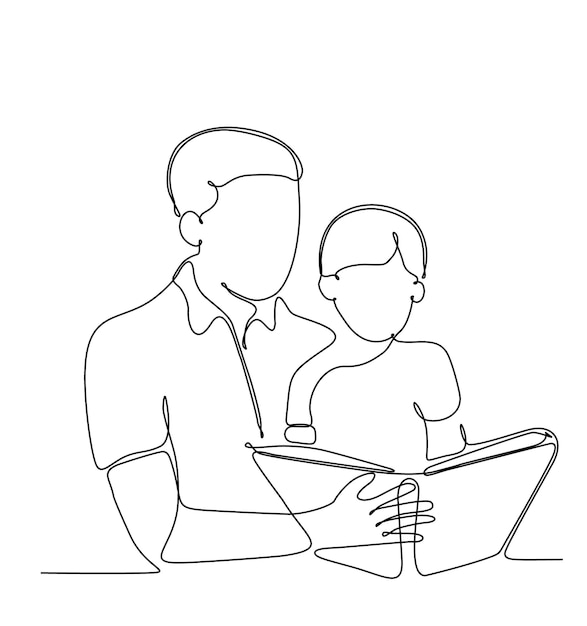 continuous single line drawn father reading a book to little son hand drawn silhouette illustration