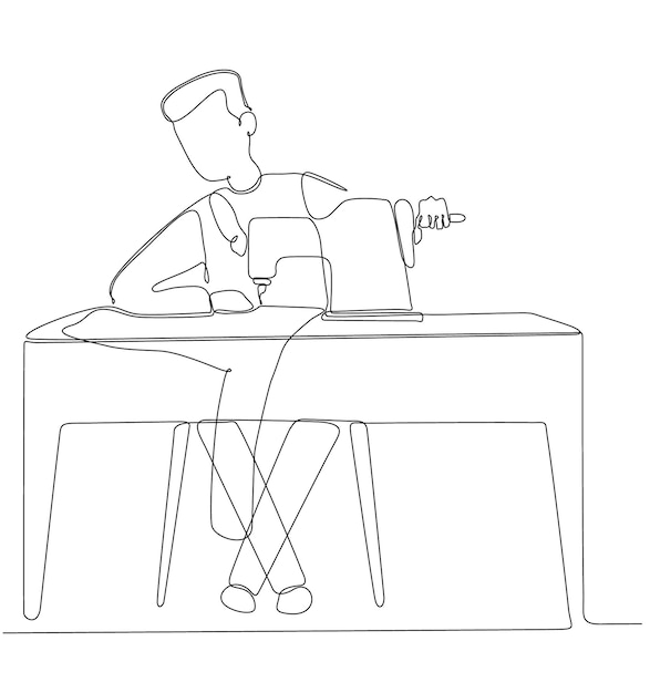 continuous single line drawn handsome man sewing behind the silhouette