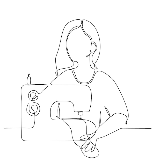 continuous single line drawn woman sewing behind hand drawn sewing machine silhouette