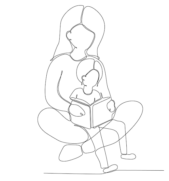 continuously drawn one line of mother reading a book to a small child