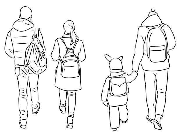 Contour drawings of casual pedestrians walking along street