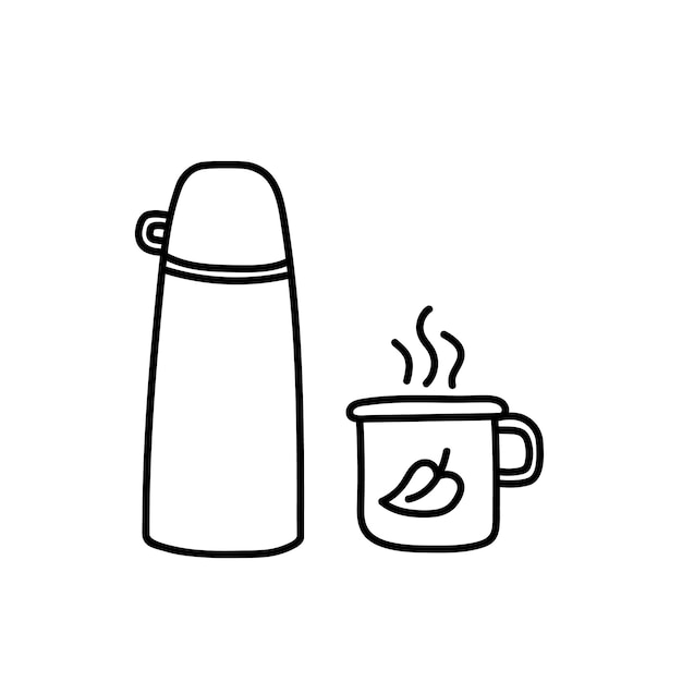 Contour image of a thermos with a mug. Black silhouette of autumn picnic dishes. Doodle icon, A simple black hand drawing for decoration. Vector clipart of an autumn drink on a hike