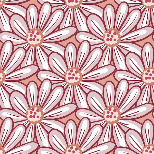 Contoured spring time seamless pattern with doodle daisy flowers ornament. Pink background. Abstract style. Stock illustration. Vector design for textile, fabric, giftwrap, wallpapers.