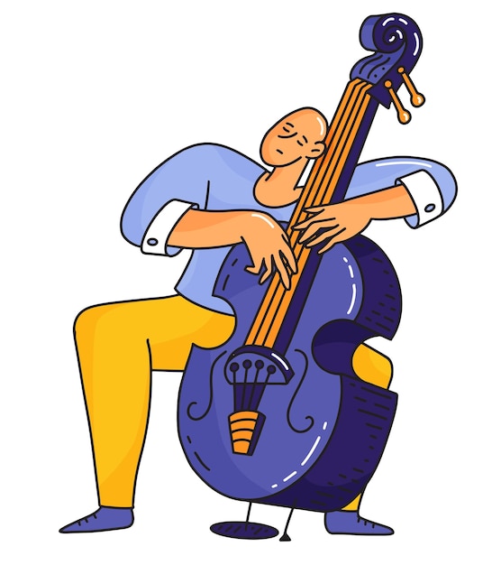 Contrabass player sitting and enjoying  double bass jazz music Flat vector illustration in doodle s