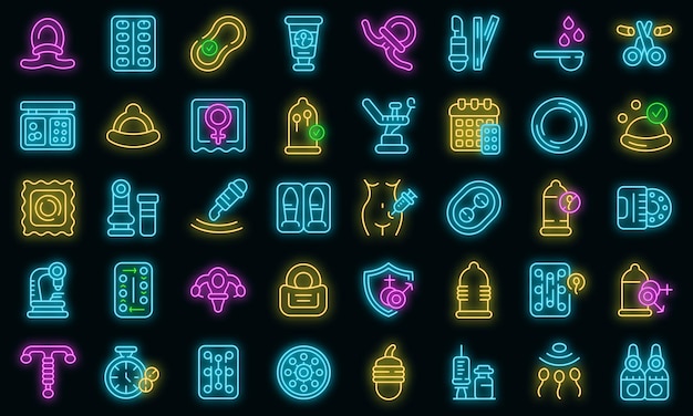 Contraceptives icons set outline vector Birth control vector neon