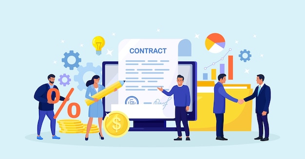 Contract Agreement. Electronic Document Signature. Tiny Business People Inspecting Contract Document, Reading Privacy Policy and Terms and Conditions. Businessman Signing Official Paper